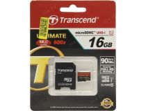 Transcend TS16GUSDHC10U1 microSDHC Memory Card 16Gb UHS-I Class10 + microSD-- SD Adapter