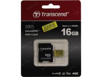 Transcend TS16GUSD500S microSDHC Memory Card 16Gb UHS-I U3 V30 + microSD-- SD Adapter