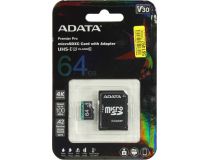 ADATA AUSDX64GUI3V30SA2-RA1 microSDXC Memory Card 64Gb A2 V30UHS-I U3 Class10 + microSD-- SD Adapter