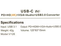 Кабель-адаптер USB-C - HDMI(F)+VGA(15F)+audio+USB3.0+USB-C port