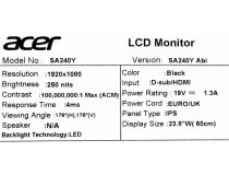 23.8 ЖК монитор Acer UM.QS0EE.A01 SA240YAbi Black (LCD, 1920x1080, D-Sub, HDMI)